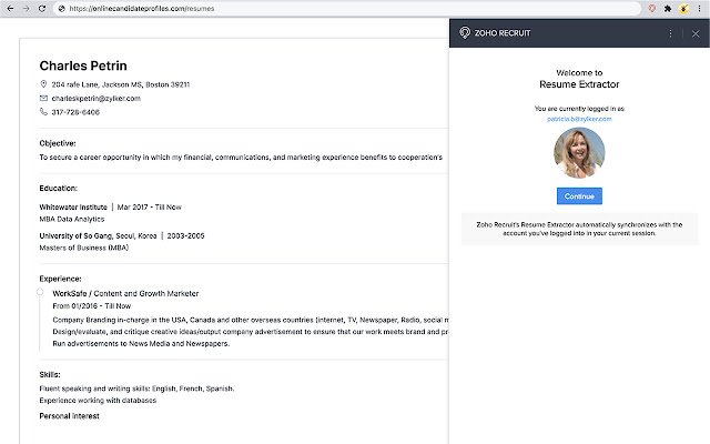 Zoho Recruits Resume Extractor  from Chrome web store to be run with OffiDocs Chromium online