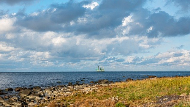 Free download sea sailing ship coast rocks grass free picture to be edited with GIMP free online image editor