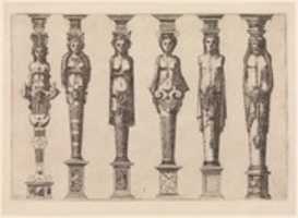 Free download Six terms, four female and two male, with Hercules at far right, plate 1, from Caryatidum [...] sive Athlantidum multiformium ad quemlibet Architecture ordinem Accommodatarum centuria prima [...] free photo or picture to be edited with GIMP online image editor