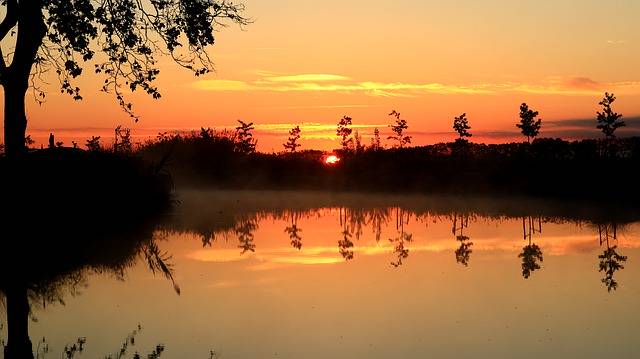 Kostenloser Download Sonnenaufgang Teich Silhouetten Sonne Abenddämmerung Kostenloses Bild, das mit dem kostenlosen Online-Bildeditor GIMP bearbeitet werden kann