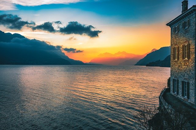 Free download sunrise villa lake lake como tower free picture to be edited with GIMP free online image editor