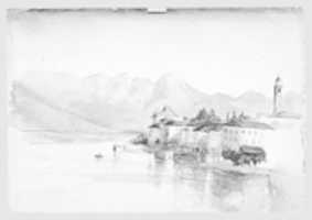 Gratis download Town at Edge of Mountain Lake (uit Zwitserland 1869 Sketchbook) gratis foto of afbeelding om te bewerken met GIMP online afbeeldingseditor