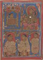 Free download Vajra in His Cradle (top left) / Vajra Being Nursed by His Mother (top right) / The Nuns who Cared for Vajra (bottom); Page from a Dispersed Kalpa Sutra (Jain Book of Rituals) free photo or picture to be edited with GIMP online image editor