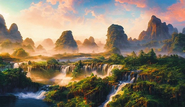 Free download waterfall river mountains fantasy free picture to be edited with GIMP free online image editor