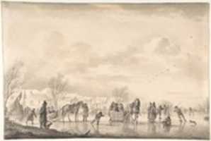 Free download Winter Landscape with Skaters and Horse-Drawn Sledges on the Ice, a Village Below free photo or picture to be edited with GIMP online image editor