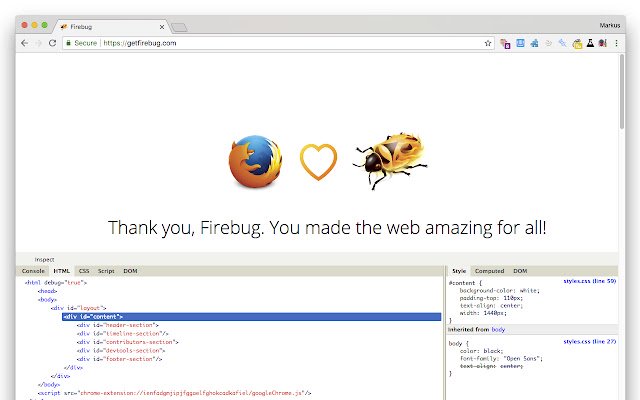 Firebug Lite pour Google Chrome de la boutique en ligne Chrome doit être exécuté avec OffiDocs Chromium en ligne