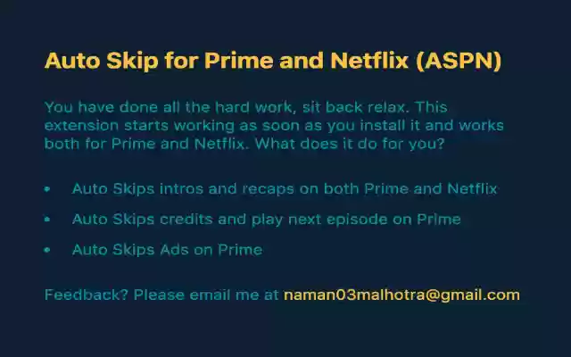 ข้ามบทนำอัตโนมัติสำหรับ Prime และ Netflix (ASPN) จาก Chrome เว็บสโตร์เพื่อใช้งานกับ OffiDocs Chromium ออนไลน์