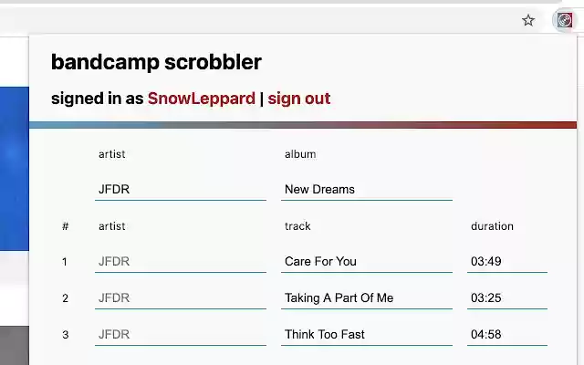 OffiDocs Chromium ile çevrimiçi olarak çalıştırılacak Chrome web mağazasından Bandcamp Scrobbler