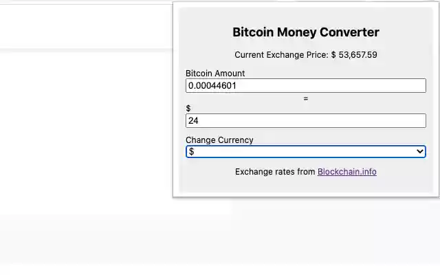 Bitcoin Money Converter  from Chrome web store to be run with OffiDocs Chromium online