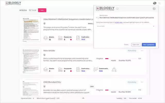 Blogely content marketing software  from Chrome web store to be run with OffiDocs Chromium online