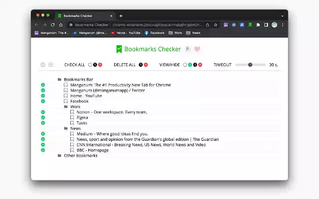 Bookmarks Checker  from Chrome web store to be run with OffiDocs Chromium online