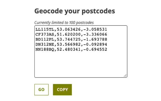 Bulk Postcode Geocode  from Chrome web store to be run with OffiDocs Chromium online