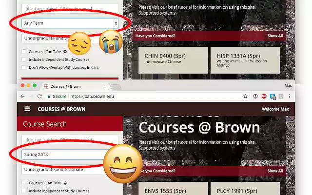 Courses@Brown Standaard naar huidige termijn van Chrome webwinkel om te worden uitgevoerd met OffiDocs Chromium online