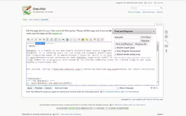 DokuWiki Toolbox  from Chrome web store to be run with OffiDocs Chromium online