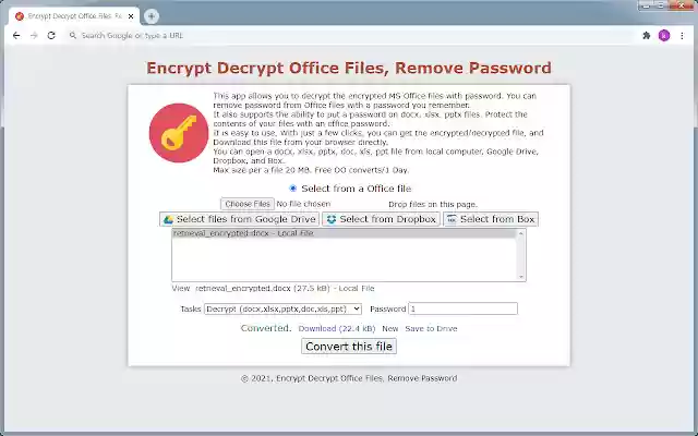 Encrypt Decrypt DOCX, XLSX, PPTX Files  from Chrome web store to be run with OffiDocs Chromium online