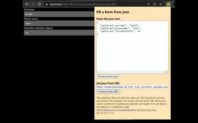 Fill form from json  from Chrome web store to be run with OffiDocs Chromium online