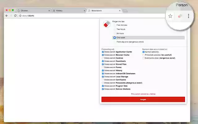 Forget Button Clean your Browser  from Chrome web store to be run with OffiDocs Chromium online