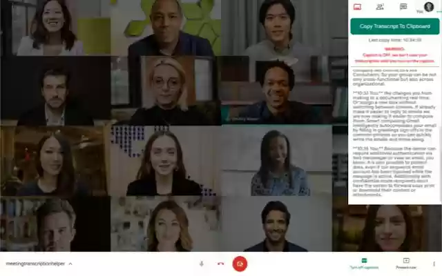 Google Meet Plus Meeting Transcripts  from Chrome web store to be run with OffiDocs Chromium online