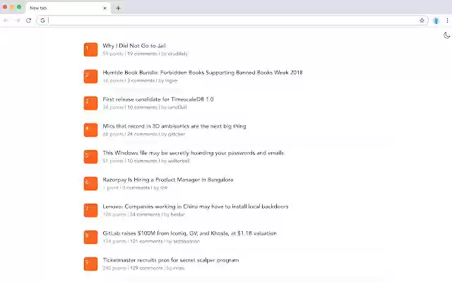 Hacker News in New Tab  from Chrome web store to be run with OffiDocs Chromium online