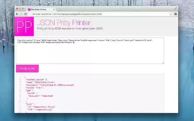 JSON Pretty Printer  from Chrome web store to be run with OffiDocs Chromium online