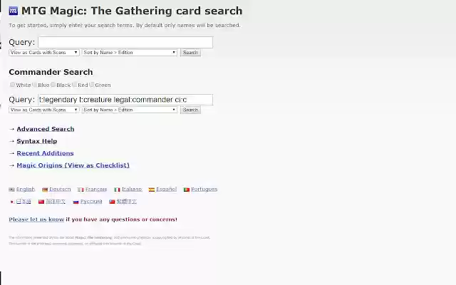 magiccards.info Commander search  from Chrome web store to be run with OffiDocs Chromium online