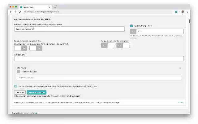 Nuvem Shop Frete manual por cidades from Chrome web store to be run with OffiDocs Chromium online Nuvem Shop Frete manual por cidades from Chrome web store to be run with OffiDocs Chromium online