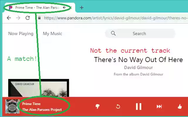 Pandora: song title in tab title  from Chrome web store to be run with OffiDocs Chromium online