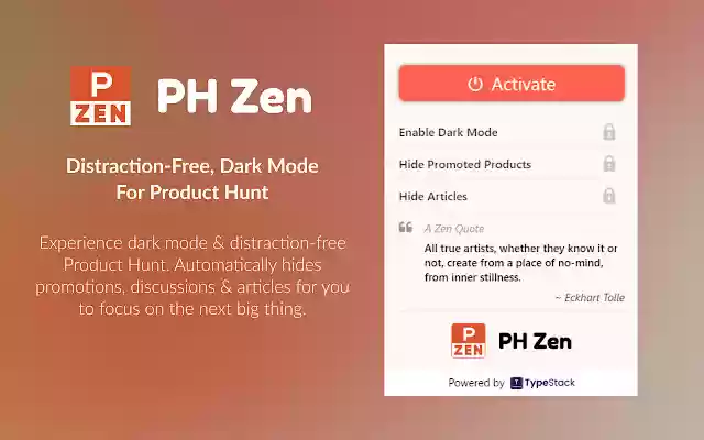 PH Zen: البحث عن المنتجات الخالية من الإلهاء من متجر Chrome الإلكتروني ليتم تشغيله باستخدام OffiDocs Chromium عبر الإنترنت