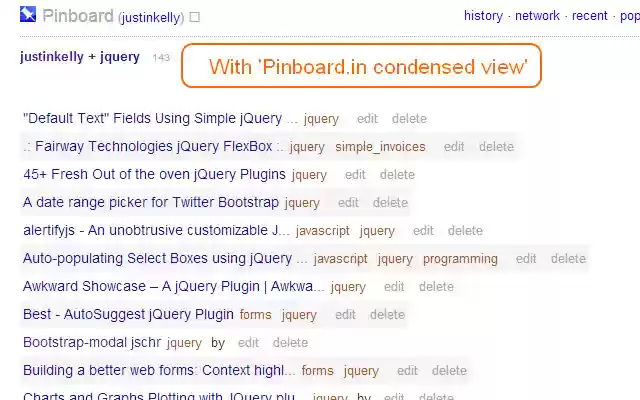 Pinboard.in condensed view  from Chrome web store to be run with OffiDocs Chromium online