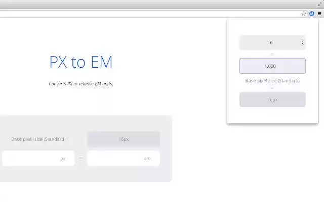 PX a EM de Chrome web store para ejecutarse con OffiDocs Chromium en línea