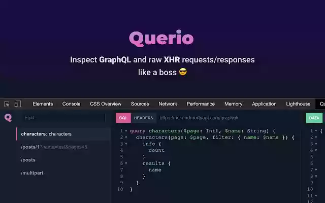 Querio GraphQL and XHR requests inspector  from Chrome web store to be run with OffiDocs Chromium online