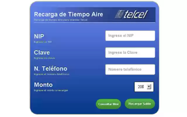 Recarga Tiempo Aire Telcel  from Chrome web store to be run with OffiDocs Chromium online