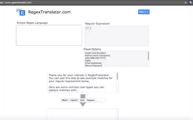 RegExTranslator: Decode RegEx in your browser  from Chrome web store to be run with OffiDocs Chromium online