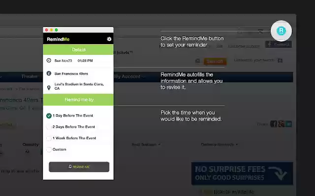 Lembre-me! Por StubHub Labs da Chrome Web Store para ser executado com OffiDocs Chromium online