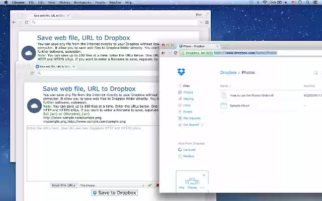 Save web file, URL to Dropbox™ from Chrome web store to be run with OffiDocs Chromium online Save web file, URL to Dropbox™ from Chrome web store to be run with OffiDocs Chromium online