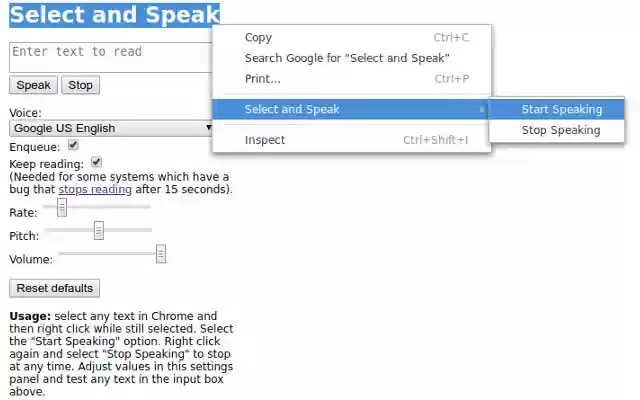 Select and Speak  from Chrome web store to be run with OffiDocs Chromium online