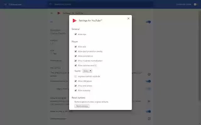Settings for YouTube™  from Chrome web store to be run with OffiDocs Chromium online