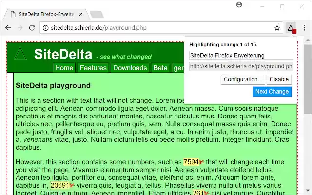 Chrome ウェブストアの SiteDelta Highlight を OffiDocs Chromium online で実行