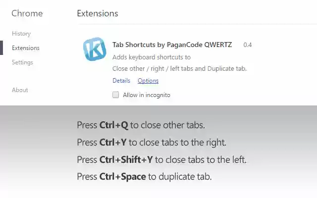 Tab Shortcuts by PaganCode QWERTZ  from Chrome web store to be run with OffiDocs Chromium online