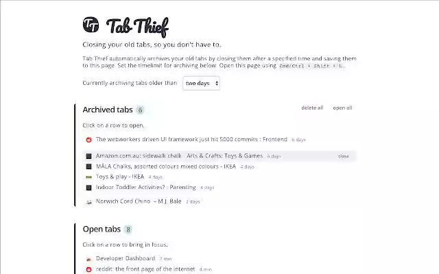 Tab Thief Archive old tabs  from Chrome web store to be run with OffiDocs Chromium online