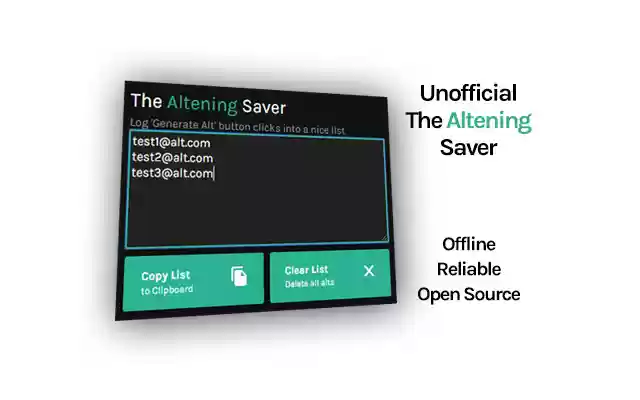 The Altening Saver Unofficial from Chrome web store to be run with OffiDocs Chromium online The Altening Saver Unofficial from Chrome web store to be run with OffiDocs Chromium online