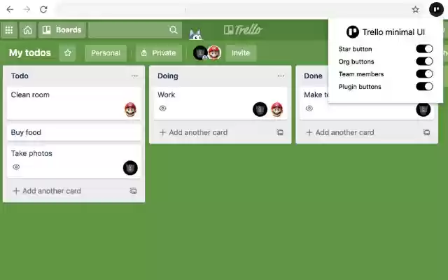 Trello minimal UI toggle  from Chrome web store to be run with OffiDocs Chromium online