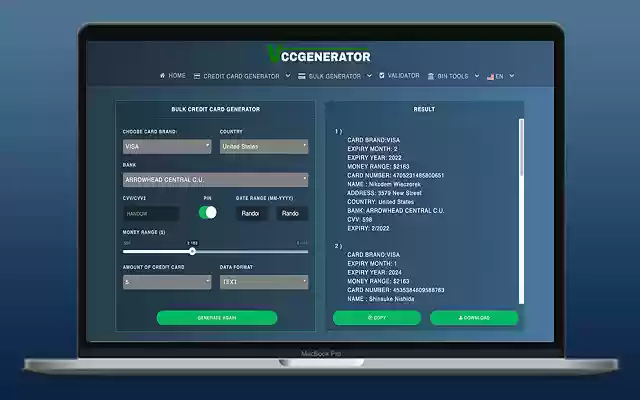 כלי מחולל כרטיסי אשראי VCCGenerator מחנות האינטרנט של Chrome להפעלה עם OffiDocs Chromium באינטרנט