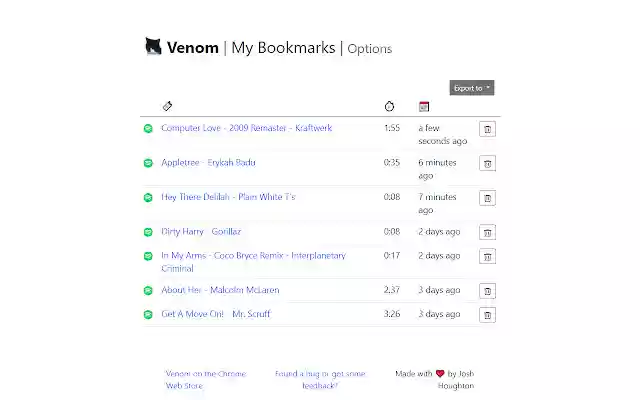 Venom: Instant Music Bookmarker  from Chrome web store to be run with OffiDocs Chromium online