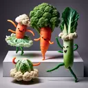 a baby carrot dancing on stage with baby cauliflower,baby cabbage,baby ladyfinger