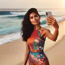 a beautiful girl model taking a selfie in on the beach in a two piece swim suit