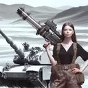 a girl with huge boobs holding a rocket launcher