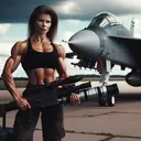 a girl with huge boobs holding a rocket launcher behind a fighter jet