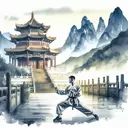 a martial artist is outside the shaolin temple , watercolor painting