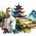 a martial artist is outside the shaolin temple , watercolor painting, animation